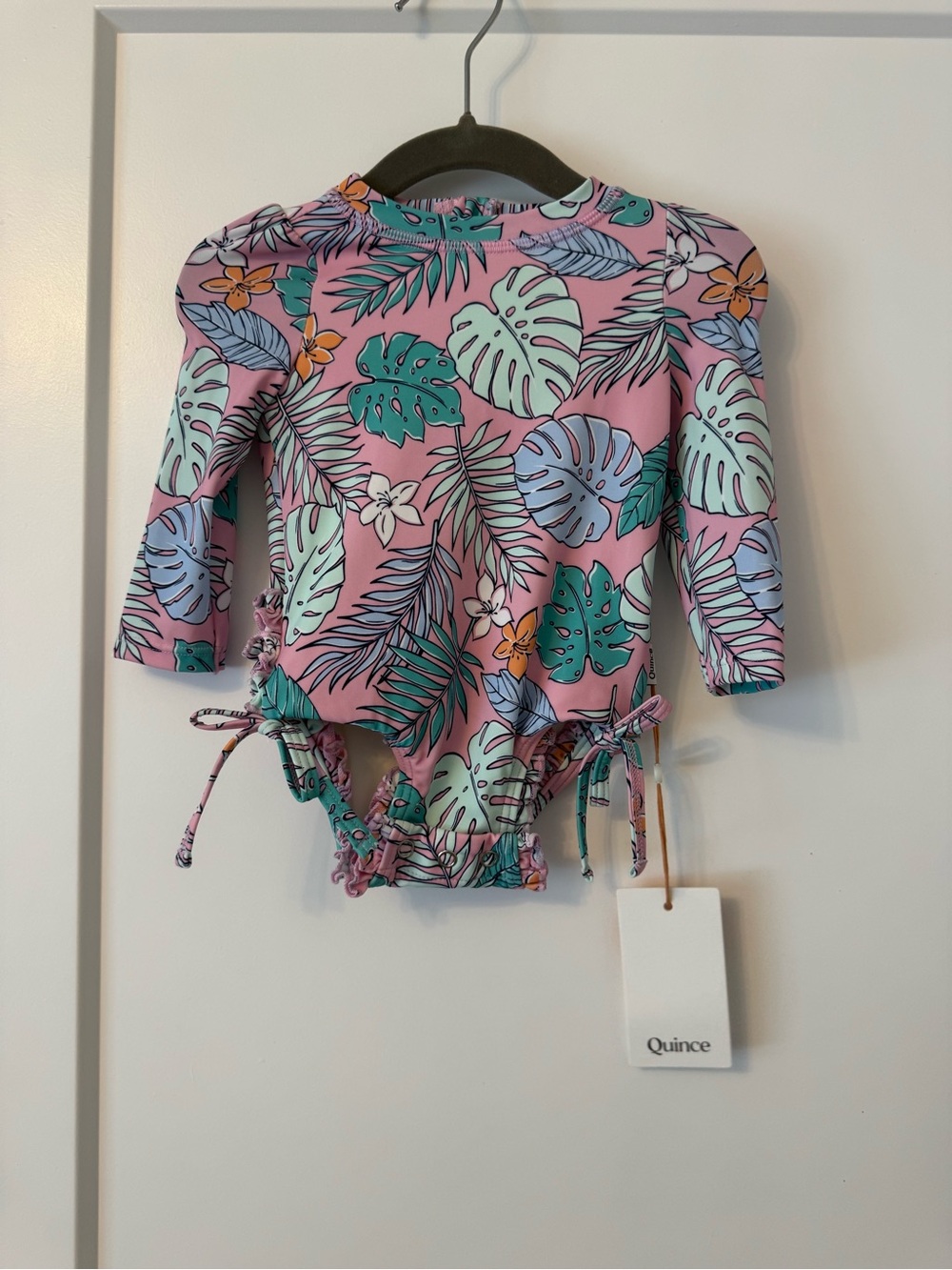 Quince Kids' Pink Tropical Leaf Rashguard with Mint & Teal Accents